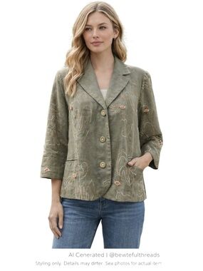 Vintage Olive Embroidered Linen Blend Floral Button Jacket Boxy 3/4 Sleeve